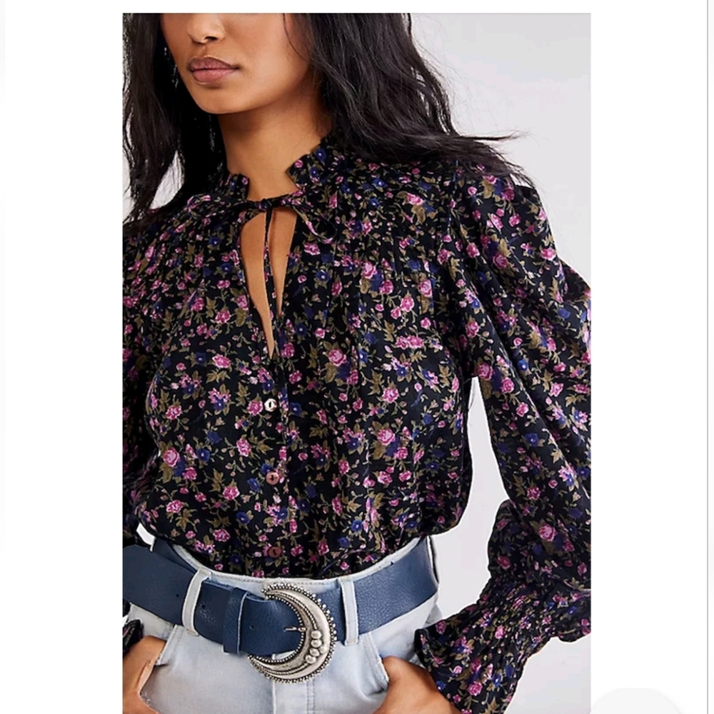 Free People Meant To Be Tie Neck Button Up Floral Top, Size Small